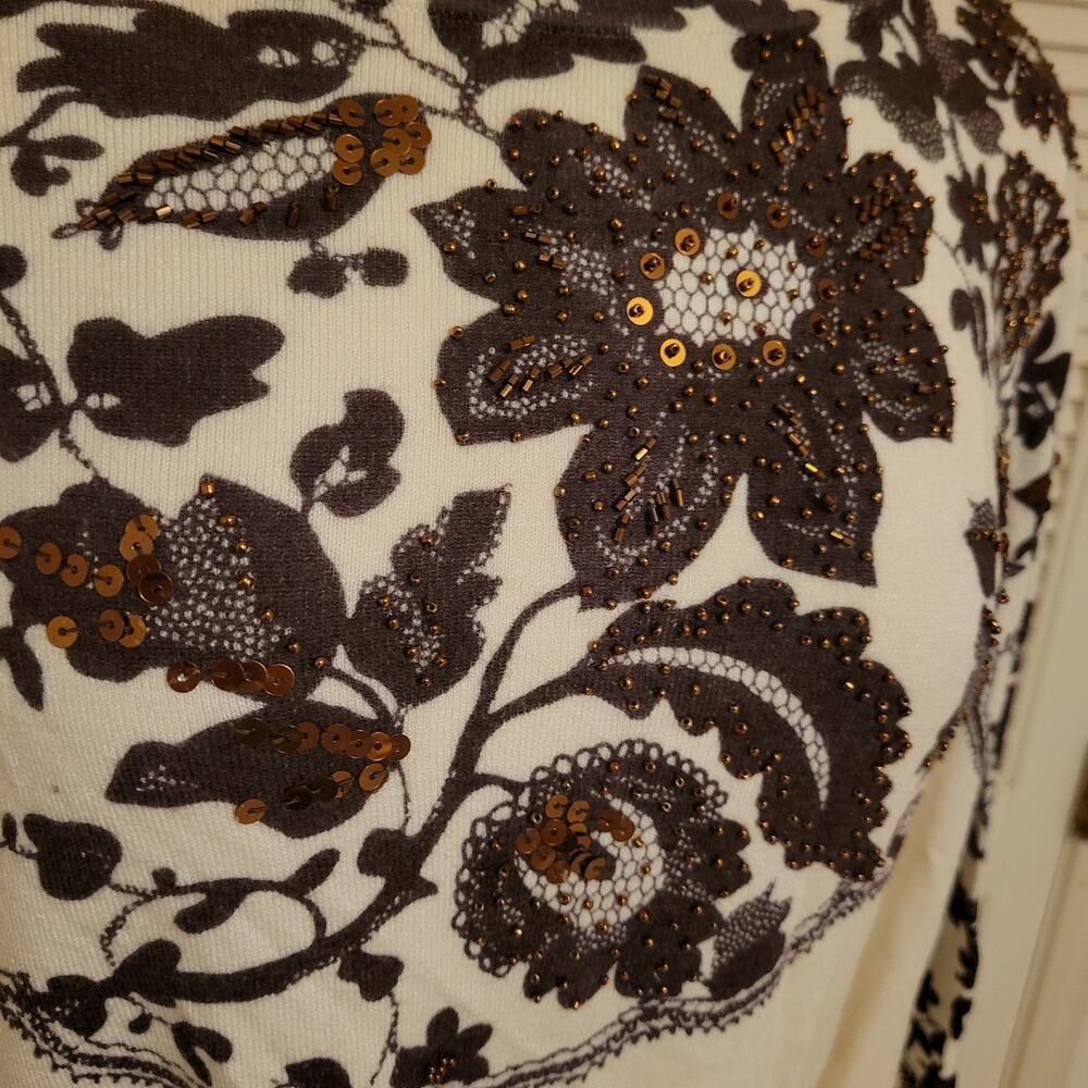 NWT Artistica Beaded Sequin Floral Stretch Long Sleeve Top Ivory Womens Size S - Picture 3 of 9